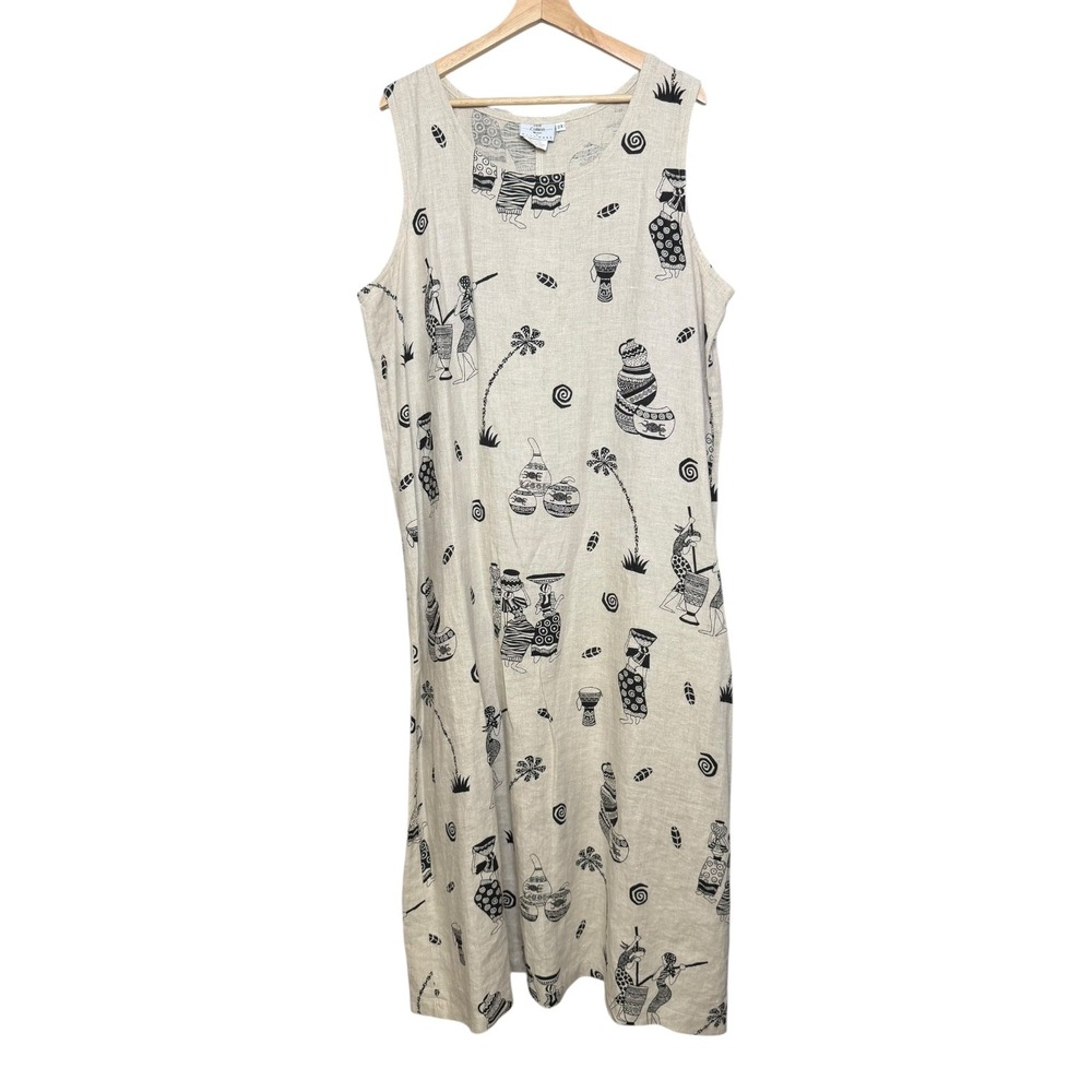 Hot Cotton Lagenlook Boho 100% Linen African Print Midi Shift Dress Beige 2X